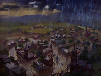 Movie still from “Make Mine Music” (1946), directed by Hamilton Luske – An oil painting of a town in the middle of the night; Extreme Wide shot, High angle