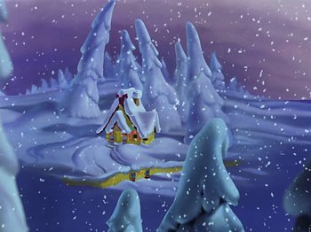 Movie still from “Make Mine Music” (1946), directed by Hamilton Luske – An animated picture of a snowy landscape with trees and mountains in the background; Extreme Wide shot, High angle