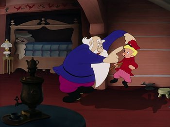 Movie still from “Make Mine Music” (1946), directed by Hamilton Luske – An old man and a little girl dancing in a room; Medium shot, High angle