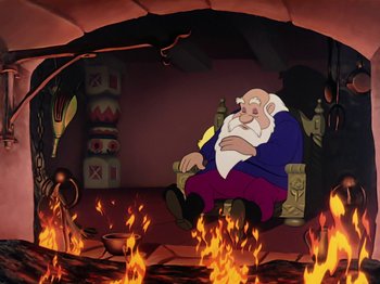 Movie still from “Make Mine Music” (1946), directed by Hamilton Luske – An old man sitting in a chair in front of a fire pit; Wide shot, Overhead angle