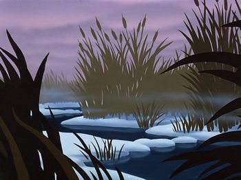 Movie still from “Make Mine Music” (1946), directed by Hamilton Luske – A painting of grass and snow in the distance; Extreme Wide shot, Low angle