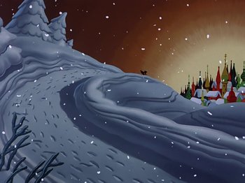 Movie still from “Make Mine Music” (1946), directed by Hamilton Luske – A painting of a snowy hill with a skier on it; Extreme Wide shot, Low angle