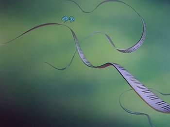 Movie still from “Make Mine Music” (1946), directed by Hamilton Luske – A painting of a guitar and a keyboard; Extreme Wide shot, Low angle