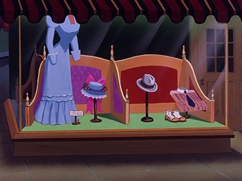 Movie still from “Make Mine Music” (1946), directed by Hamilton Luske – A display of a dress and hats on display in front of a store window; Wide shot, High angle