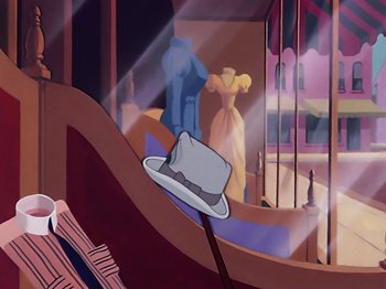 Movie still from “Make Mine Music” (1946), directed by Hamilton Luske – A painting of a top hat on a hat stand; Medium shot, Low angle