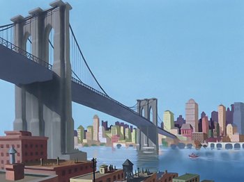 Movie still from “Make Mine Music” (1946), directed by Hamilton Luske – A painting of the brooklyn bridge in the middle of the day; Extreme Wide shot, Low angle
