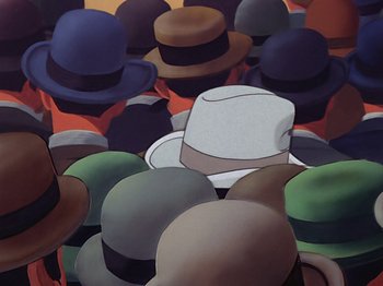 Movie still from “Make Mine Music” (1946), directed by Hamilton Luske – A group of people that are standing in a room; Extreme Close Up shot, Overhead angle