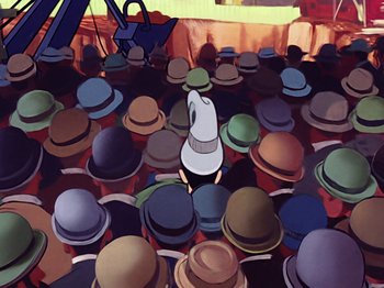 Movie still from “Make Mine Music” (1946), directed by Hamilton Luske – A crowd of people wearing hats; Wide shot, High angle