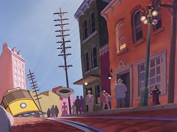 A painting of people walking down a street