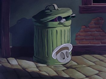 Movie still from “Make Mine Music” (1946), directed by Hamilton Luske – A green trash can sitting on top of a wooden floor; Wide shot, Low angle