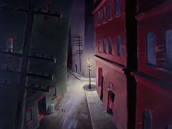 Movie still from “Make Mine Music” (1946), directed by Hamilton Luske – A painting of an alley way in a city at night; Extreme Wide shot, High angle