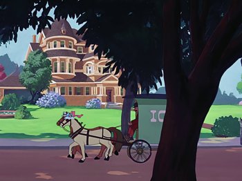 Movie still from “Make Mine Music” (1946), directed by Hamilton Luske – A man riding a horse drawn carriage down a street; Extreme Wide shot, Low angle