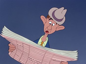 Movie still from “Make Mine Music” (1946), directed by Hamilton Luske – An animated man in a cowboy hat is holding a newspaper; Close Up shot, Over the shoulder angle
