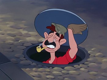 Movie still from “Make Mine Music” (1946), directed by Hamilton Luske – An animated man with a pipe in his mouth; Medium shot, High angle