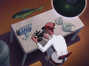 Movie still from “Make Mine Music” (1946), directed by Hamilton Luske – An animated person sitting at a table looking at a fish; Wide shot, Overhead angle