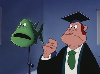 Movie still from “Make Mine Music” (1946), directed by Hamilton Luske – An animated man wearing a graduation cap and gown next to a green fish; Medium shot, Low angle