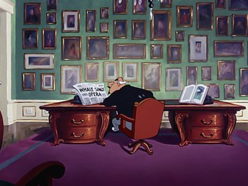 Movie still from “Make Mine Music” (1946), directed by Hamilton Luske – A cartoon of a man sitting at a desk reading a newspaper; Wide shot, High angle