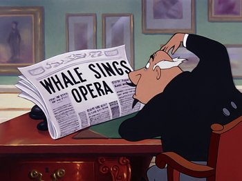 Movie still from “Make Mine Music” (1946), directed by Hamilton Luske – An animated man sitting at a table with a newspaper; Medium shot, Low angle