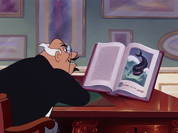 Movie still from “Make Mine Music” (1946), directed by Hamilton Luske – An old man sitting in front of an open book; Medium shot, Over the shoulder angle