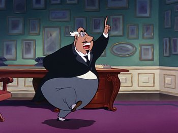 Movie still from “Make Mine Music” (1946), directed by Hamilton Luske – An old man in a black jacket is standing in front of a desk; Medium shot, Low angle