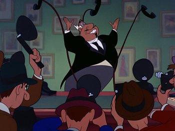 Movie still from “Make Mine Music” (1946), directed by Hamilton Luske – A man in a suit and tie holding a microphone in the air; Medium shot, Low angle