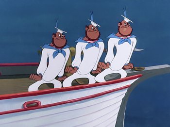 Movie still from “Make Mine Music” (1946), directed by Hamilton Luske – A group of three monkeys sitting on top of a boat; Wide shot, Low angle