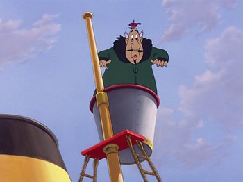 Movie still from “Make Mine Music” (1946), directed by Hamilton Luske – An animated character is sitting in a bucket; Wide shot, Low angle