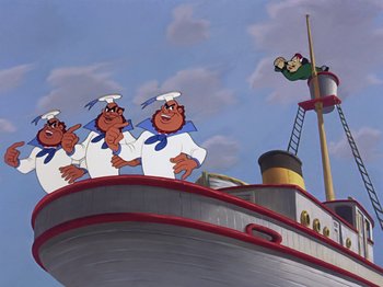 Movie still from “Make Mine Music” (1946), directed by Hamilton Luske – Three cartoon characters on a boat in front of a cloudy sky; Wide shot, Low angle