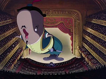 Movie still from “Make Mine Music” (1946), directed by Hamilton Luske – An animation of a cartoon character in a theater; Extreme Wide shot, Low angle