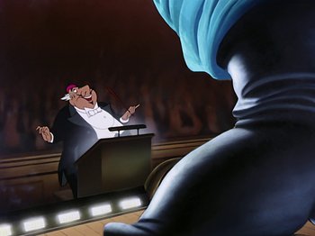 Movie still from “Make Mine Music” (1946), directed by Hamilton Luske – An animated scene of a man giving a speech to an audience; Medium shot, Low angle