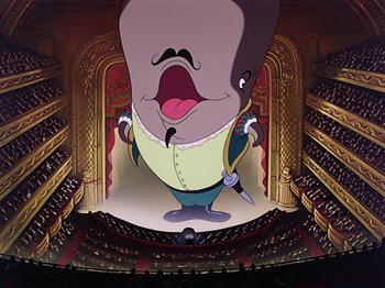 Movie still from “Make Mine Music” (1946), directed by Hamilton Luske – An animation of a fish in a theater; Extreme Wide shot, Low angle