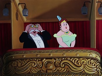 Movie still from “Make Mine Music” (1946), directed by Hamilton Luske – A couple of people that are sitting on a stage together; Medium shot, Low angle