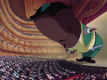 Movie still from “Make Mine Music” (1946), directed by Hamilton Luske – An animation of a man in a large auditorium; Extreme Wide shot, Low angle