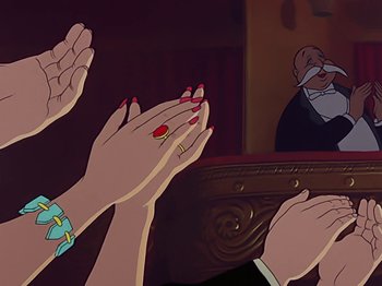 Movie still from “Make Mine Music” (1946), directed by Hamilton Luske – A group of people clapping their hands in front of an audience; Medium shot, Over the shoulder angle