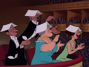 Movie still from “Make Mine Music” (1946), directed by Hamilton Luske – A group of people sitting on a stage with their hands up; Medium shot, Low angle