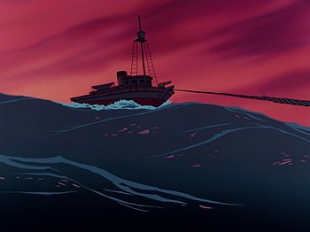Movie still from “Make Mine Music” (1946), directed by Hamilton Luske – An illustration of a boat in the ocean at sunset; Extreme Wide shot, Low angle