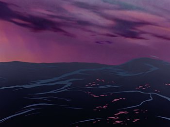 Movie still from “Make Mine Music” (1946), directed by Hamilton Luske – A painting of a purple sky and a body of water; Extreme Wide shot, Low angle