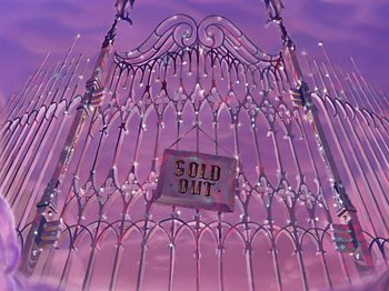 Movie still from “Make Mine Music” (1946), directed by Hamilton Luske – An image of a gate that has a sold out sign on it; Wide shot, High angle