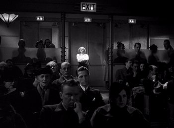 Movie still from “Make Way for Tomorrow” (1937), directed by Leo McCarey – A group of people sitting in front of a exit sign; Wide shot, High angle