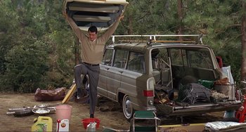 Movie still from “Man's Favorite Sport?” (1964), directed by Howard Hawks – A man is holding up a piece of furniture; Wide shot, Low angle