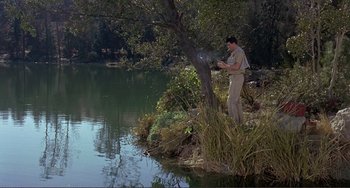 Movie still from “Man's Favorite Sport?” (1964), directed by Howard Hawks – A man standing next to a body of water; Wide shot, High angle