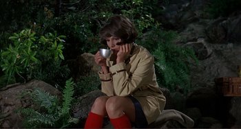 Movie still from “Man's Favorite Sport?” (1964), directed by Howard Hawks – A woman sitting on the ground holding a cup; Medium shot, High angle