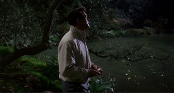Movie still from “Man's Favorite Sport?” (1964), directed by Howard Hawks – A man standing next to a body of water at night; Medium shot, Over the shoulder angle