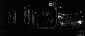 Movie still from “Manhattan” (1979), directed by Woody Allen – Two people walking down the sidewalk at night; Wide shot, Low angle