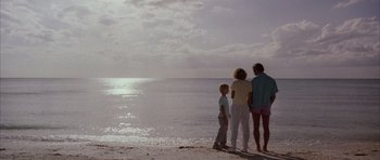 Movie still from “Manhunter” (1986), directed by Michael Mann – A group of people standing on top of a sandy beach; Wide shot, Low angle