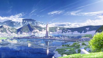Movie still from “Maquia: When the Promised Flower Blooms” (2018), directed by Jong Heo – An artist's rendering of a lake with a tower in the background; Extreme Wide shot, High angle