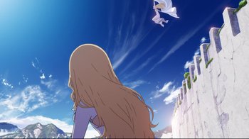 Movie still from “Maquia: When the Promised Flower Blooms” (2018), directed by Jong Heo – An animated picture of a woman looking at a flying bird; Extreme Wide shot, Low angle
