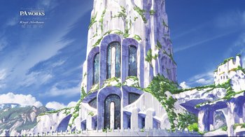 Movie still from “Maquia: When the Promised Flower Blooms” (2018), directed by Jong Heo – A very tall building with a very large window; Extreme Wide shot, Low angle