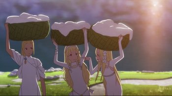 Movie still from “Maquia: When the Promised Flower Blooms” (2018), directed by Jong Heo – A group of women holding large baskets on their heads; Wide shot, Low angle