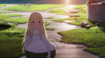 Movie still from “Maquia: When the Promised Flower Blooms” (2018), directed by Jong Heo – A girl with long blonde hair is sitting on the ground; Extreme Wide shot, High angle